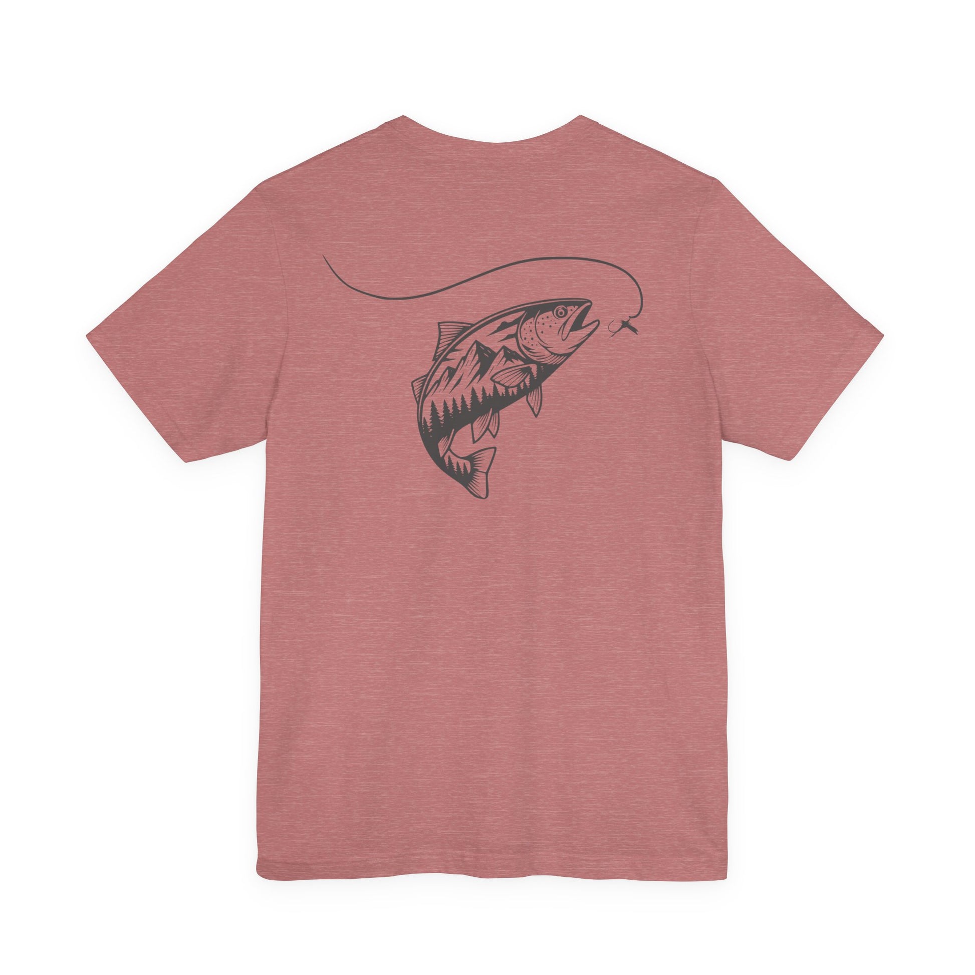 Pink t-shirt with a fish design on the back against a white background