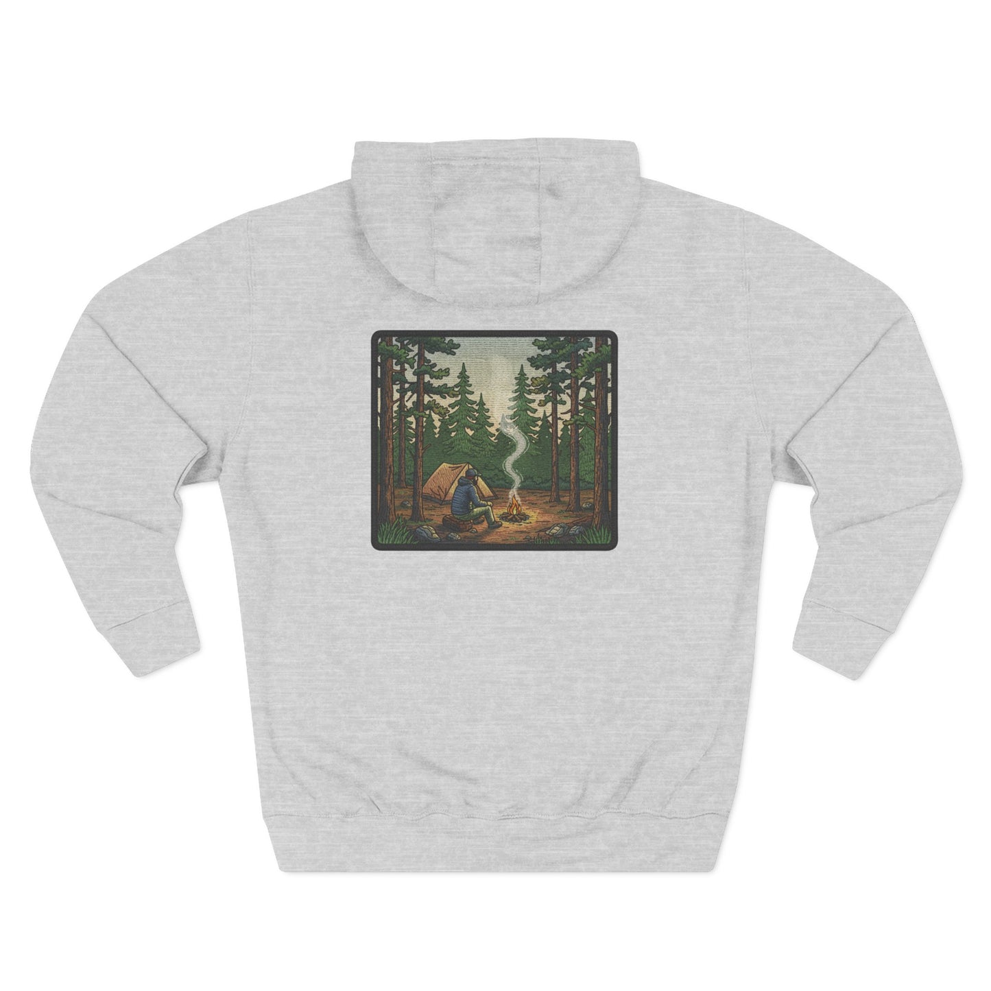 Gray hoodie with a forest scene graphic on the back
