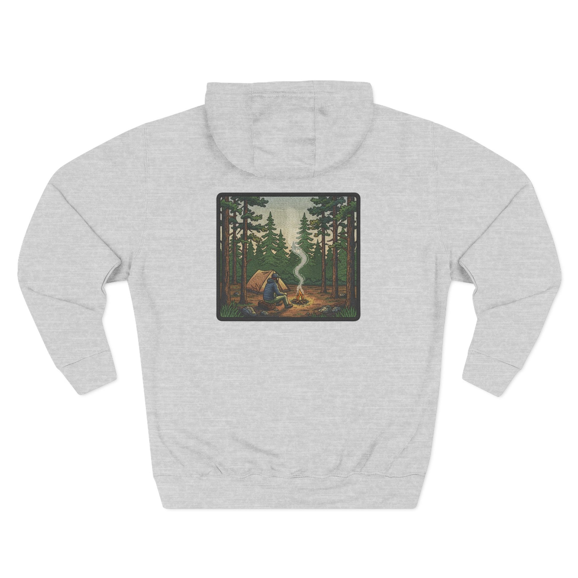 Gray hoodie with a forest scene graphic on the back