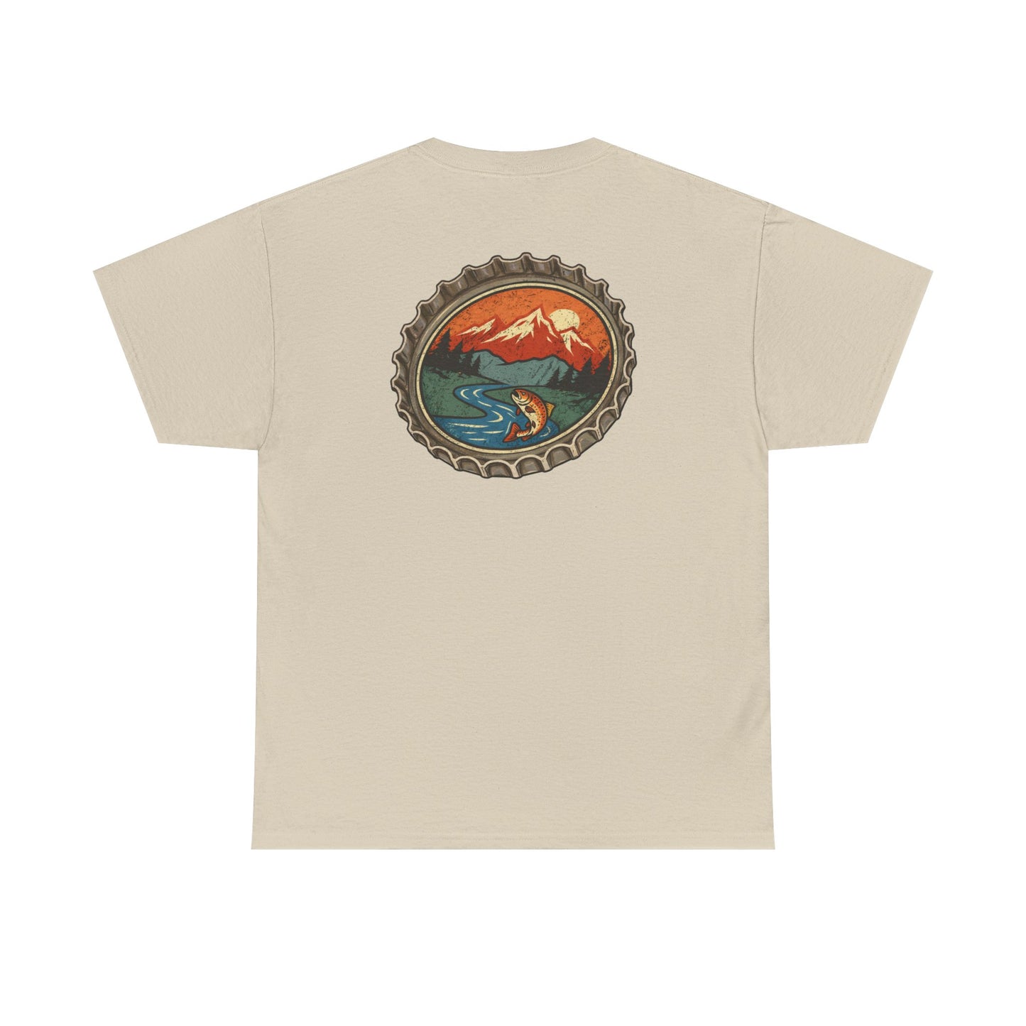Bottle Cap Fishing Graphic Tee – Vintage Mountain River Outdoor Shirt