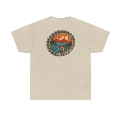 Bottle Cap Fishing Graphic Tee – Vintage Mountain River Outdoor Shirt