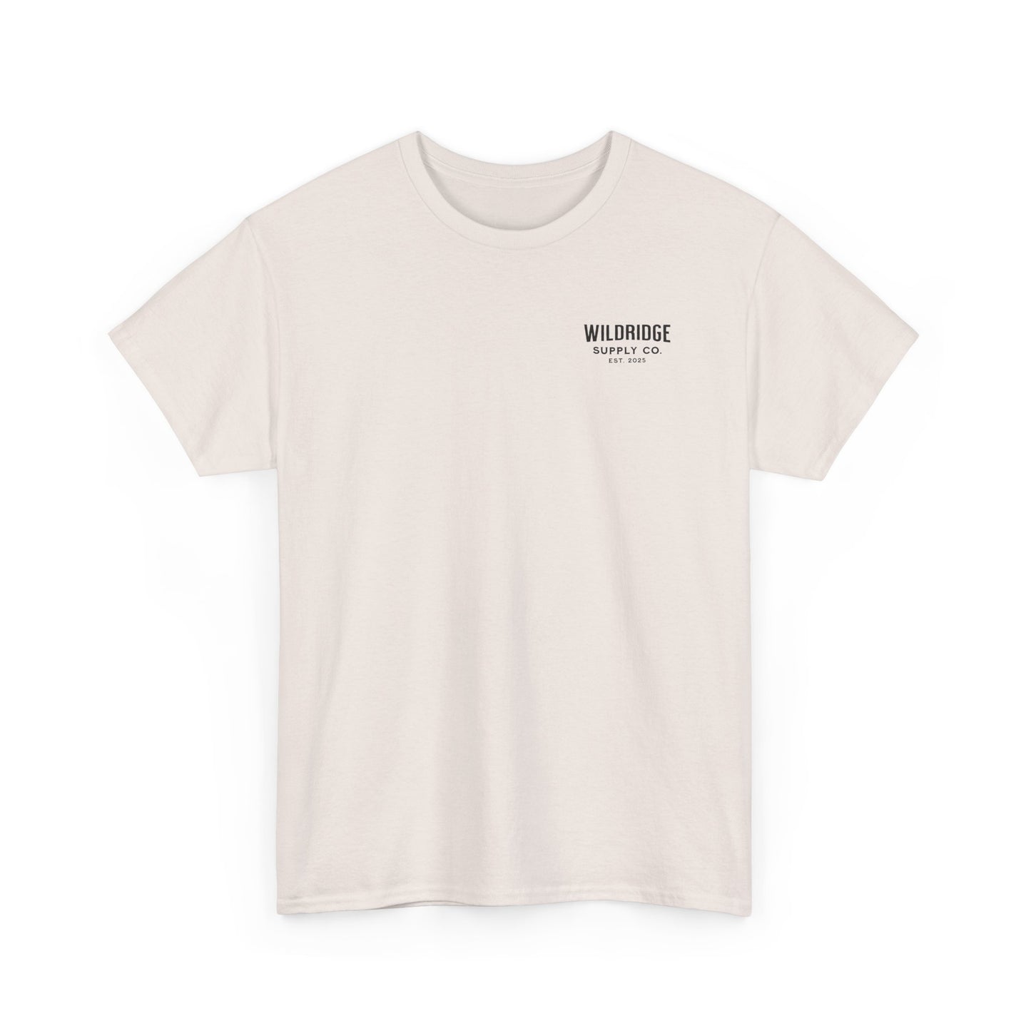 Beige t-shirt with 'Wildridge Supply Co' logo on a white background