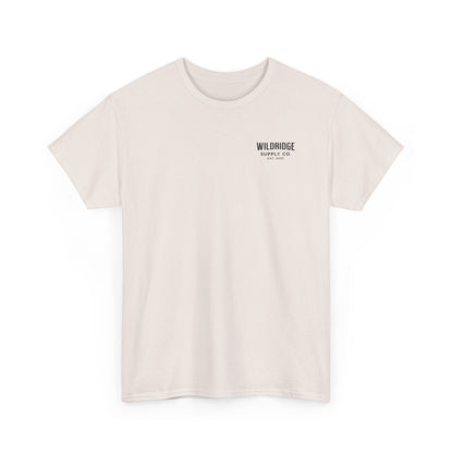 Beige t-shirt with 'Wildridge Supply Co' logo on a white background