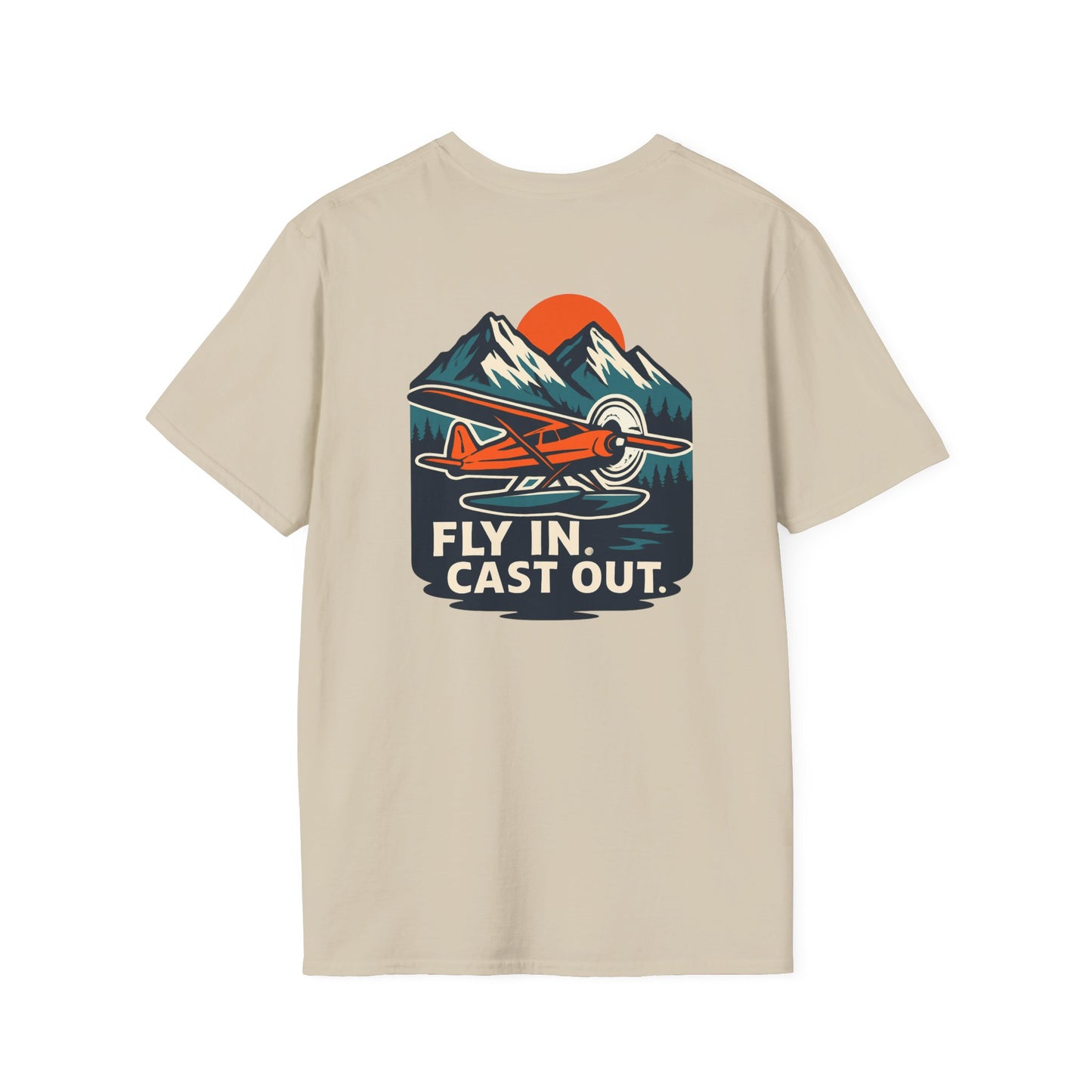 Fishing Unisex Softstyle T-Shirt with Alaskan Seaplane Design - Fly in Cast Out