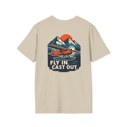 Fishing Unisex Softstyle T-Shirt with Alaskan Seaplane Design - Fly in Cast Out