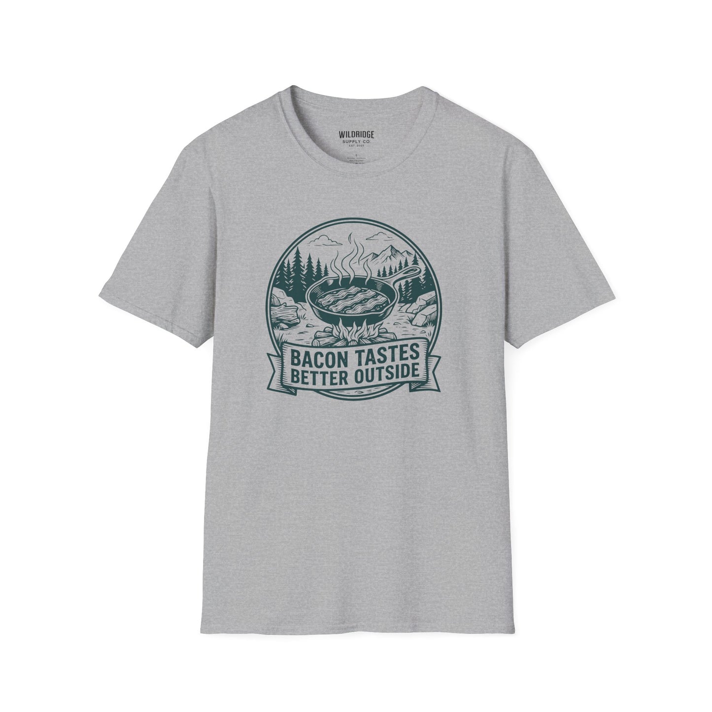 Bacon Tastes Better Outside T-Shirt — Campfire Breakfast Graphic Tee