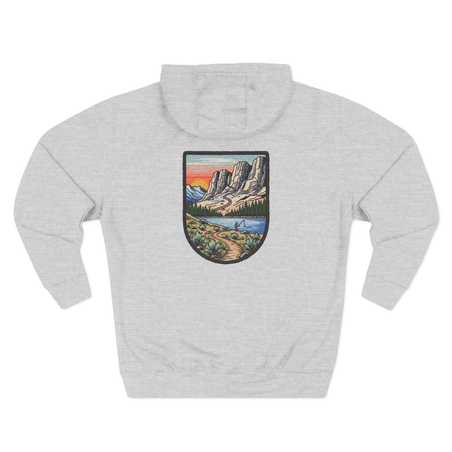 Gray hoodie with a scenic patch on a white background