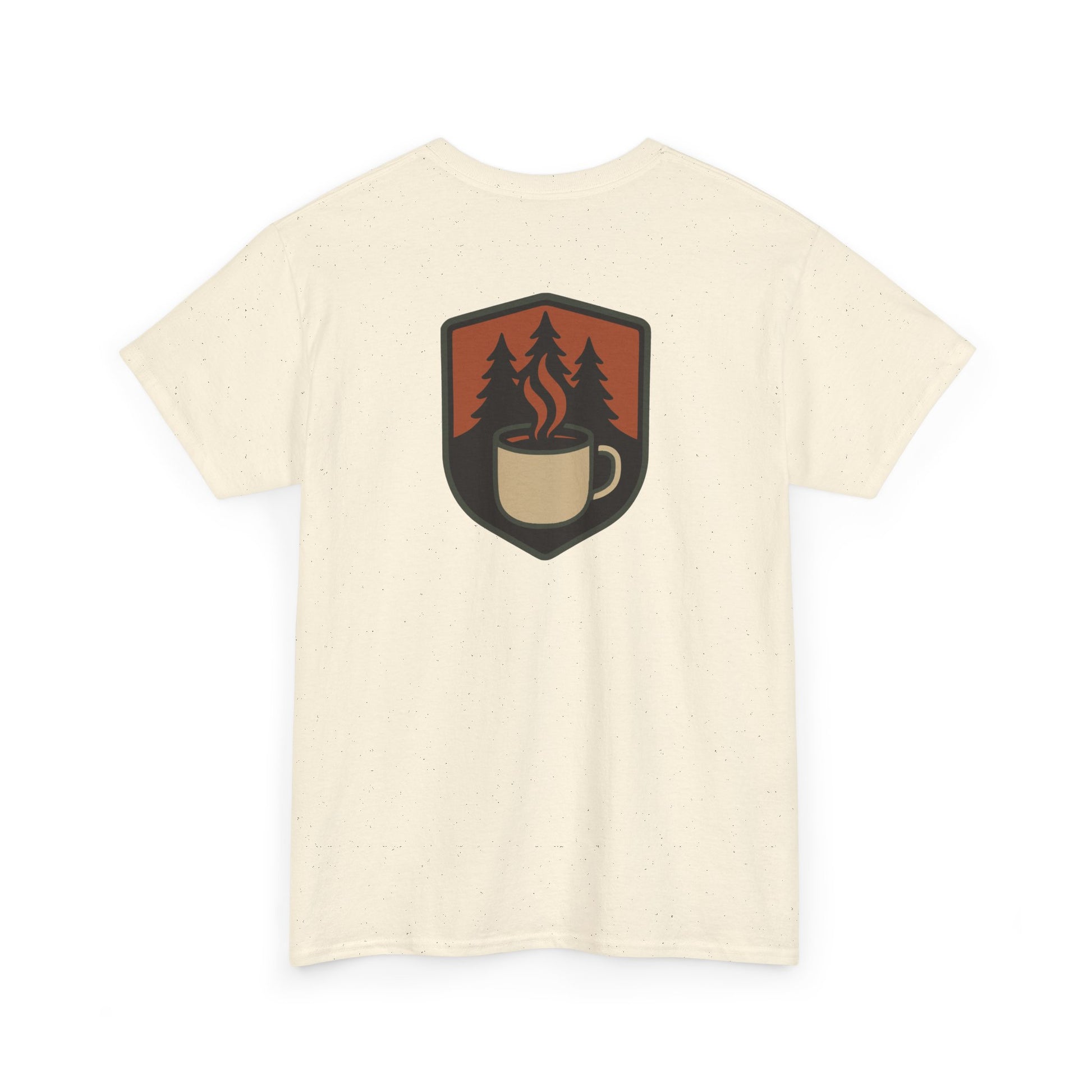 Beige t-shirt with a graphic of a coffee cup and trees on a white background