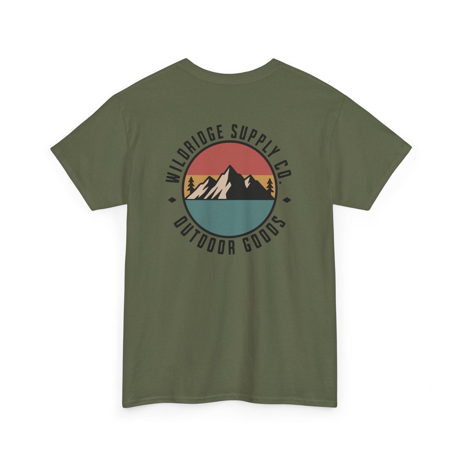 Green t-shirt with a mountain graphic and 'Wildridge Supply Co' text on a white background
