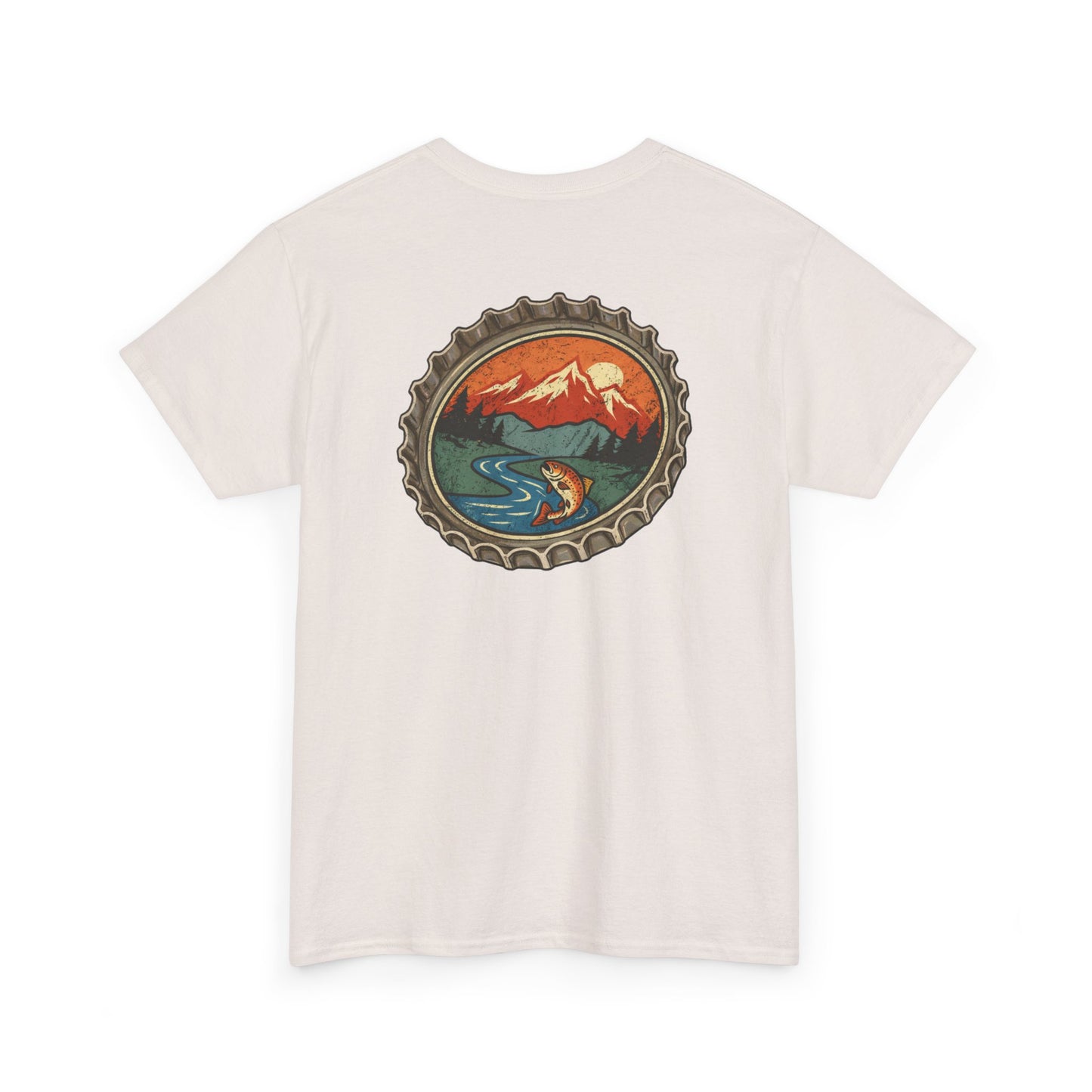 Bottle Cap Fishing Graphic Tee – Vintage Mountain River Outdoor Shirt