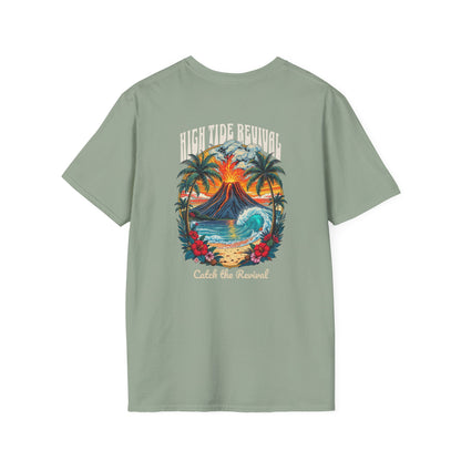High Tide Revival Surf T-Shirt | Vintage Volcano Wave Graphic Tee | Coastal Beachwear for Surfers