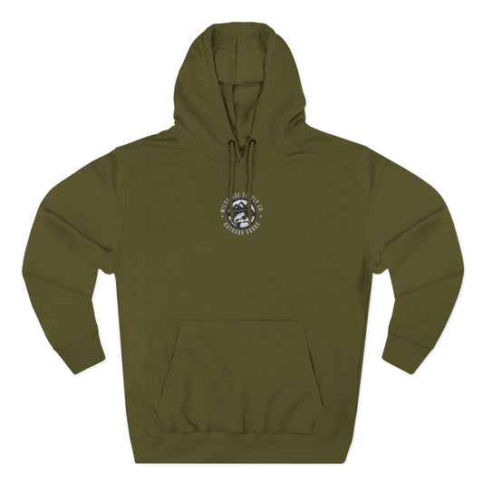Green hoodie with a logo on the chest against a white background