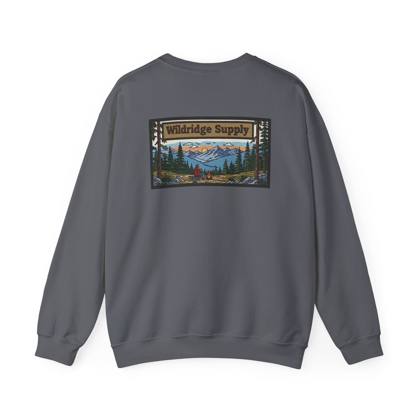 Wildridge Supply Co. Mountain Campfire Patch Sweatshirt – Outdoor Hiking & Camping Graphic Crewneck