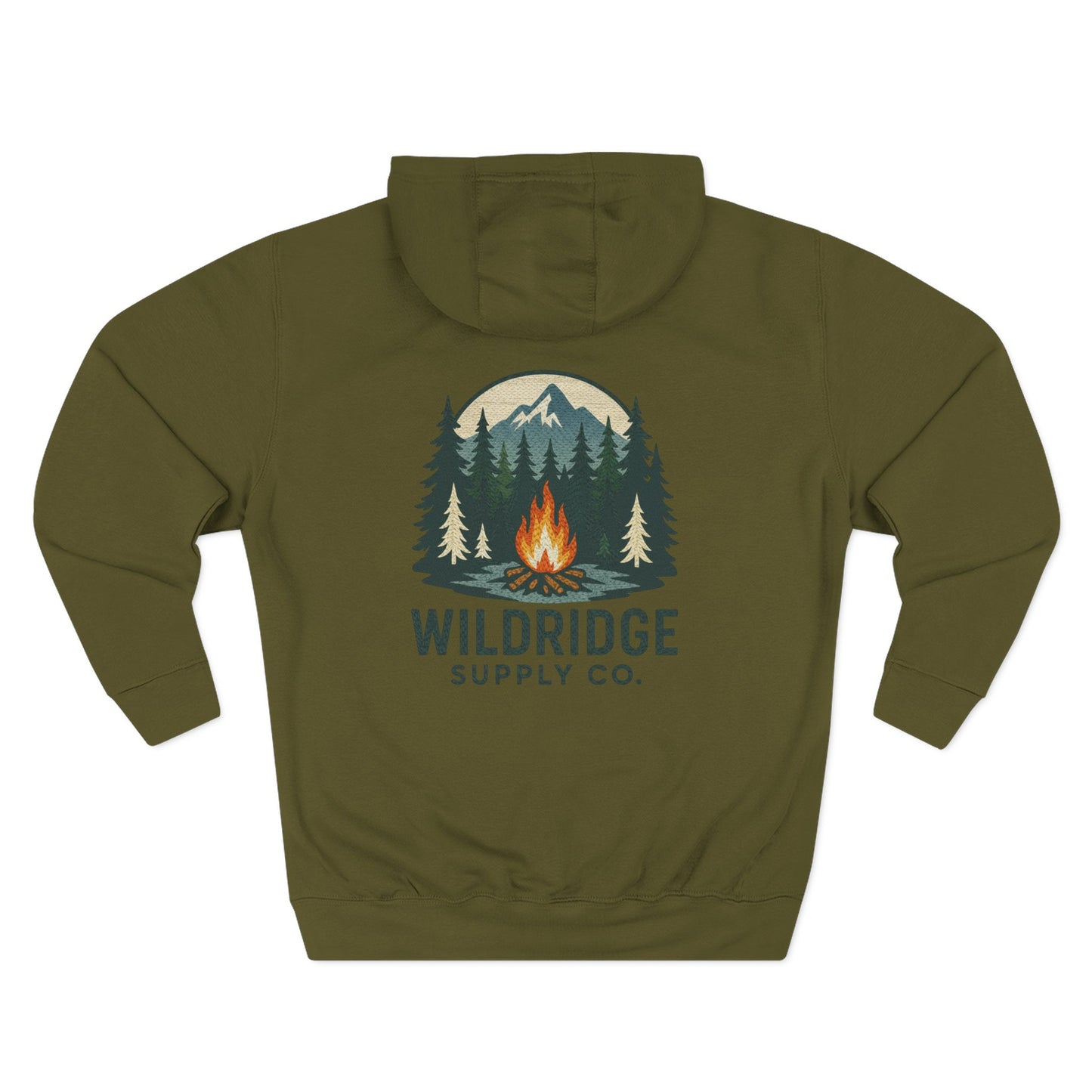 Green hoodie with a campfire and forest design on the back, featuring the 'Wildridge Supply Co.' logo.