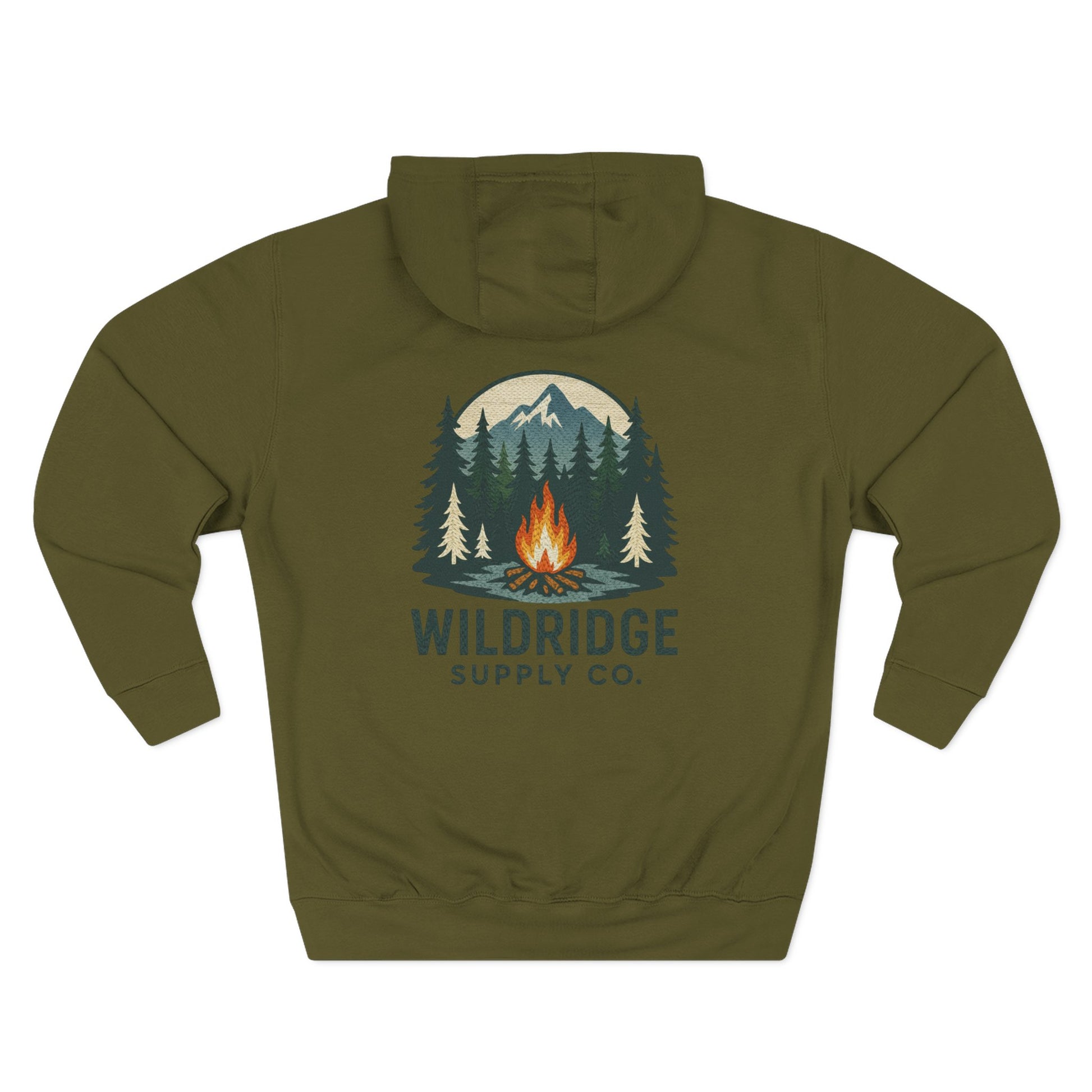Green hoodie with a campfire and forest design on the back, featuring the 'Wildridge Supply Co.' logo.