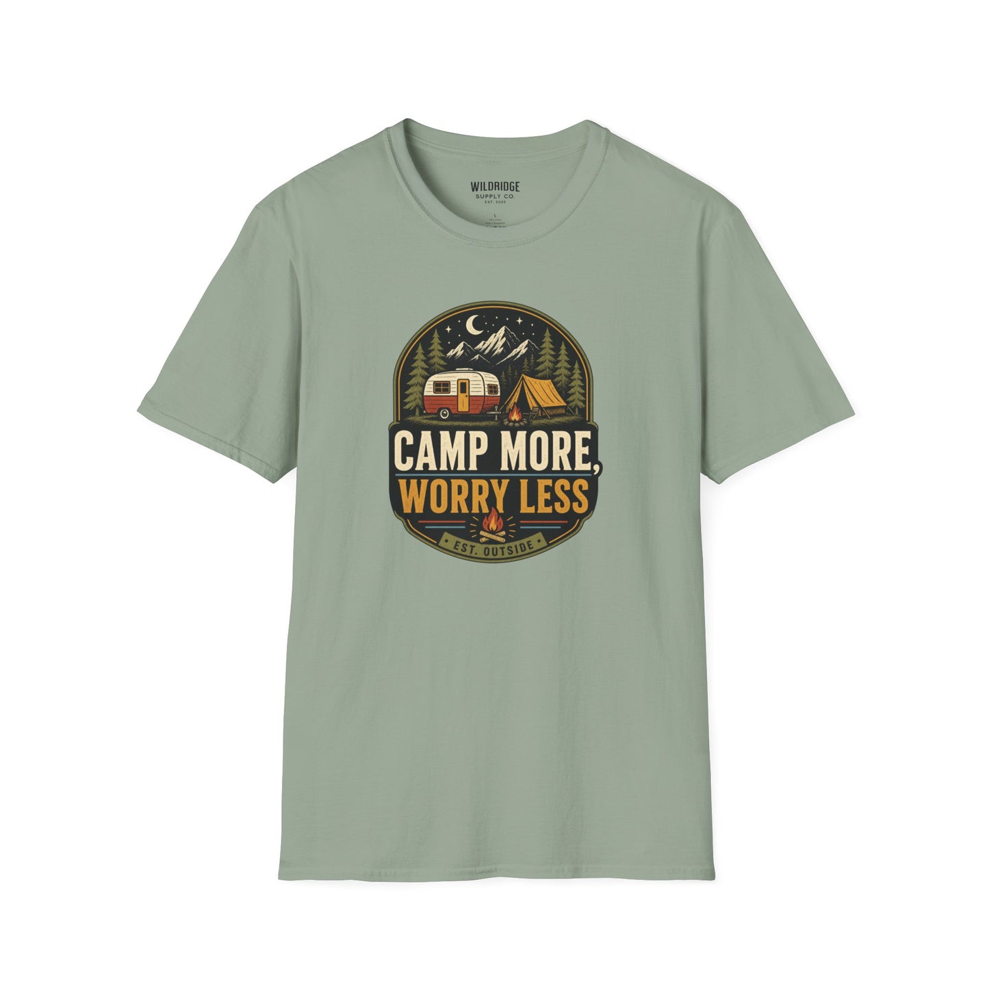 Camp More Worry Less T-Shirt | Vintage RV Camping Badge