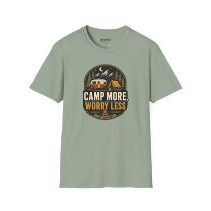 Camp More Worry Less T-Shirt | Vintage RV Camping Badge