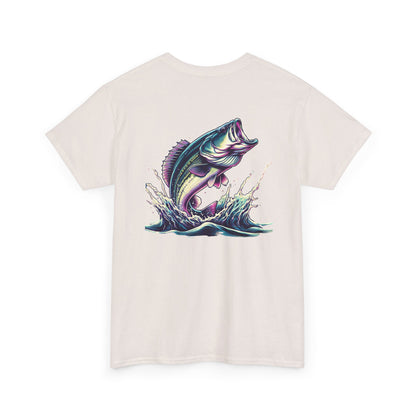Sand t-shirt with colorful graphic of a largemouth bass leaping out of water – fishing themed apparel