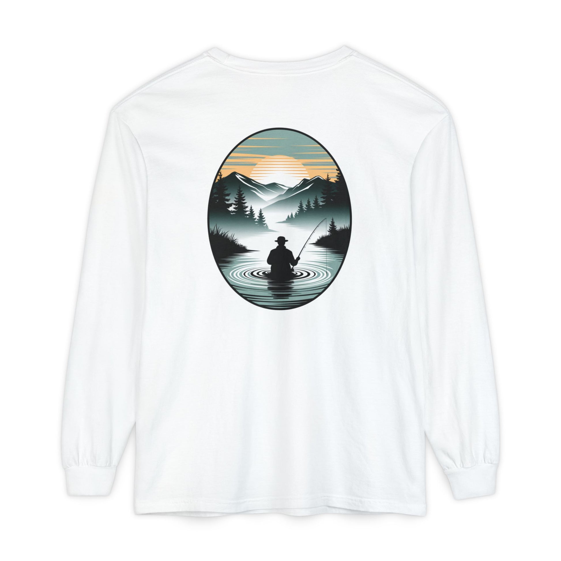 White long-sleeve shirt with a nature-themed graphic on a white background