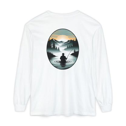 White long-sleeve shirt with a nature-themed graphic on a white background