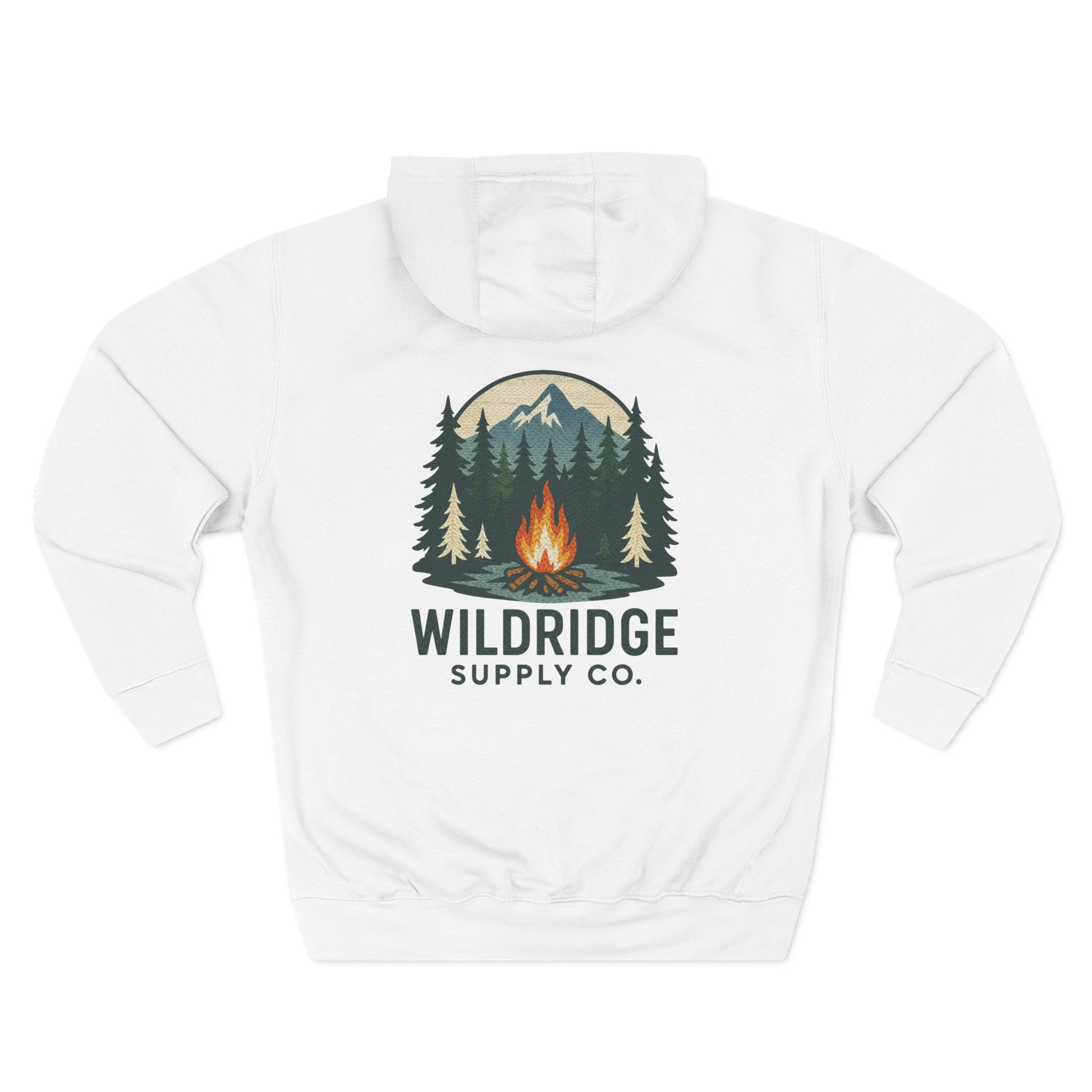 Back view white hoodie with campfire badge stitched-patch look