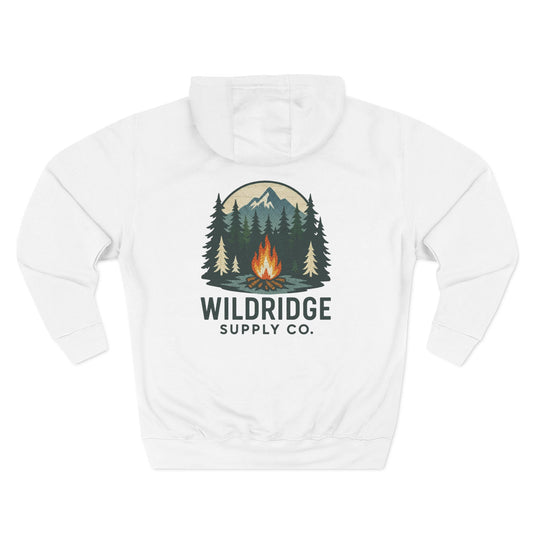 Back view white hoodie with campfire badge stitched-patch look