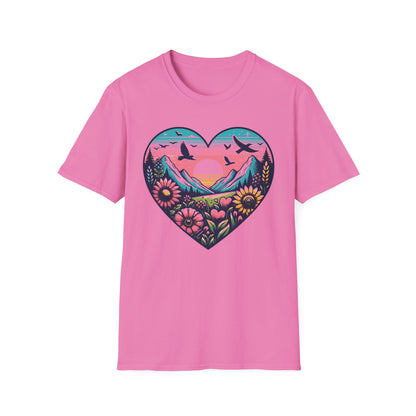 Mountain Sunrise Heart Nature Tee – Outdoors & Adventure Shirt