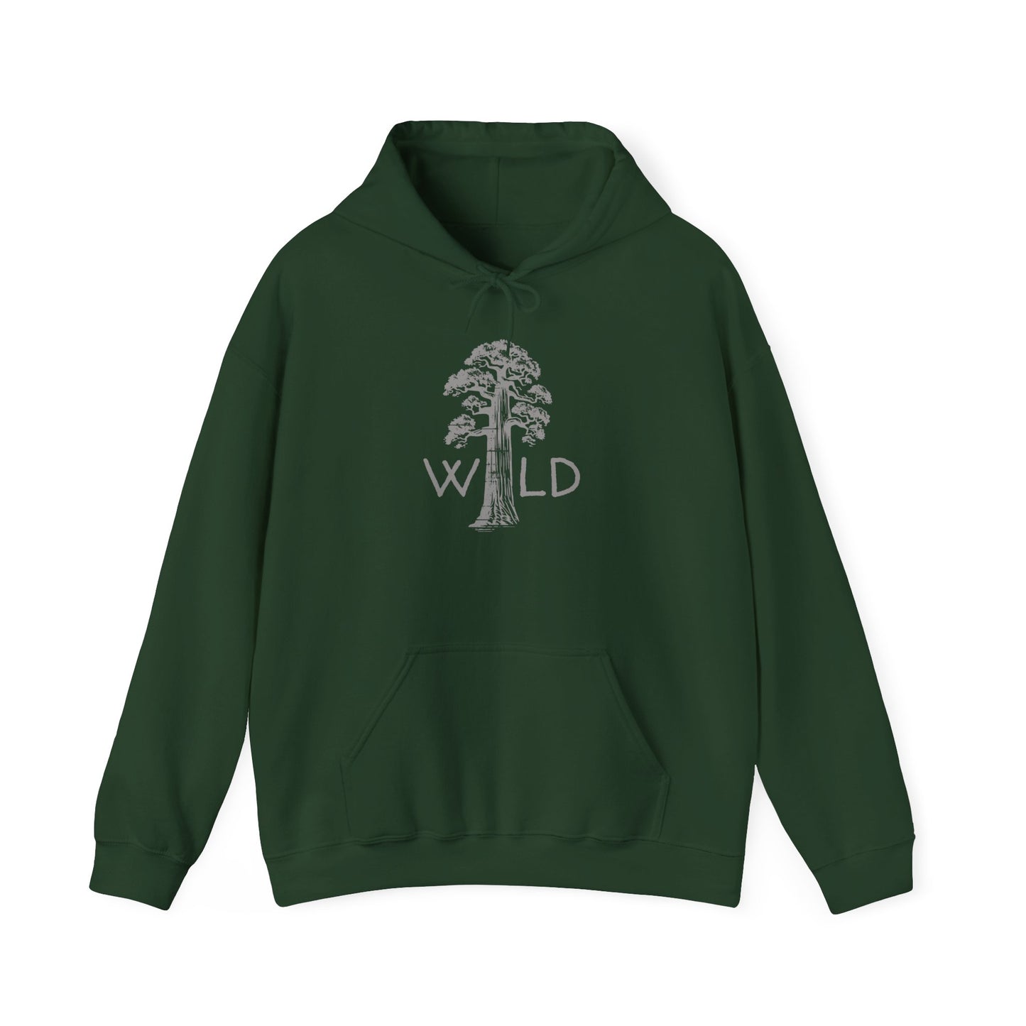 Green hoodie with a tree and 'WILD' text design on a white background