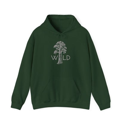 Green hoodie with a tree and 'WILD' text design on a white background