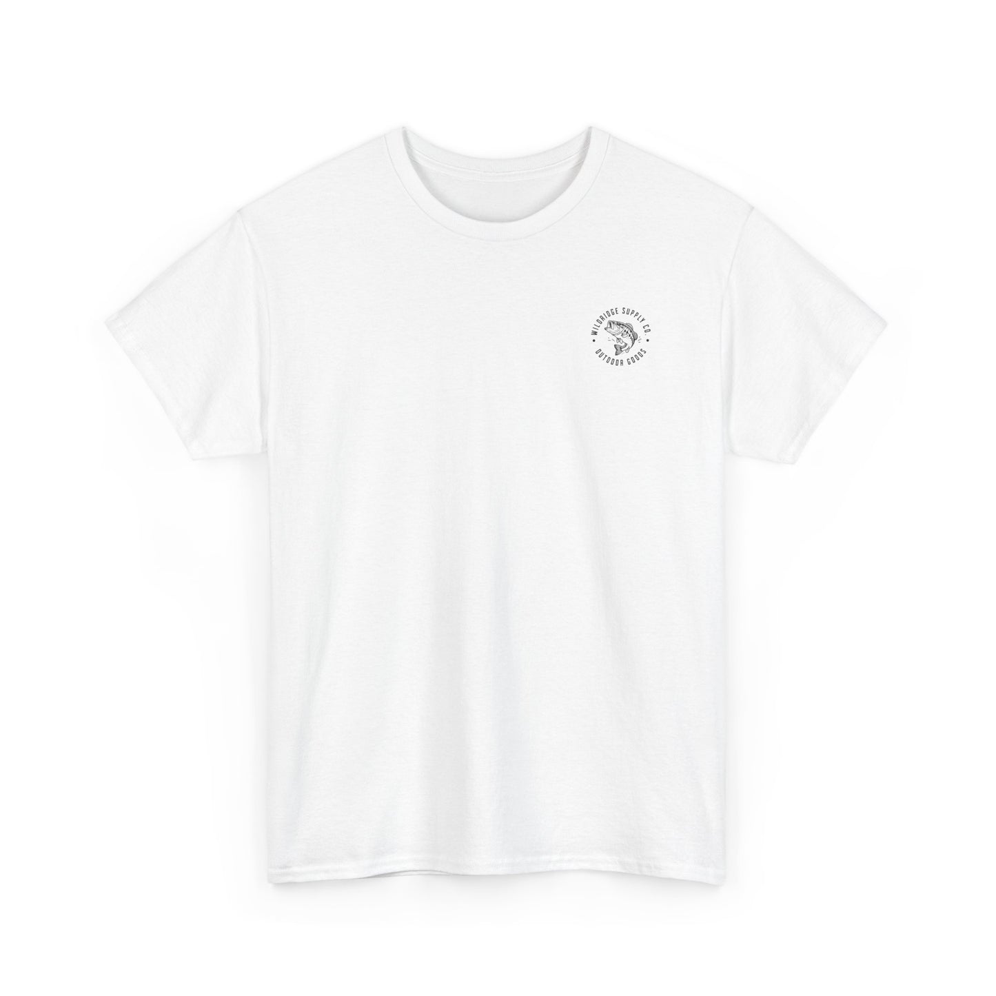 White t-shirt with a small logo on a white background