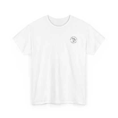 White t-shirt with a small logo on a white background