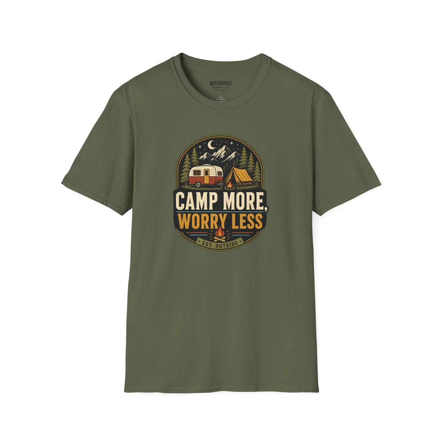 Camp More Worry Less T-Shirt | Vintage RV Camping Badge