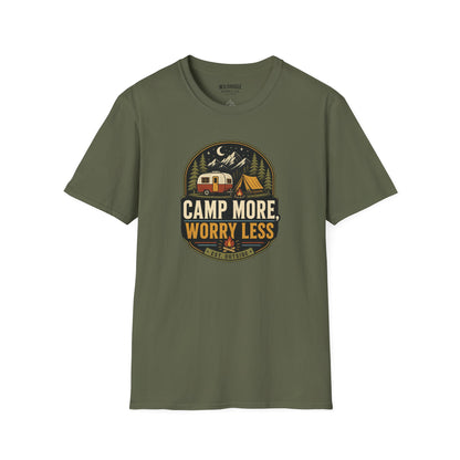Camp More Worry Less T-Shirt | Vintage RV Camping Badge