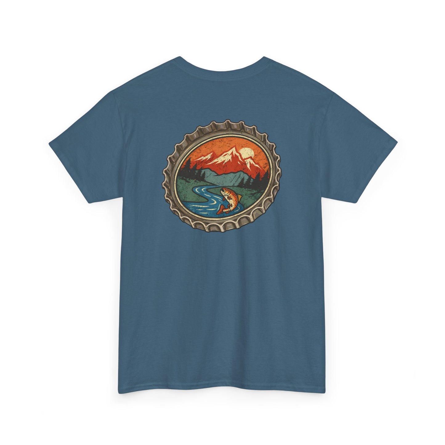 Bottle Cap Fishing Graphic Tee – Vintage Mountain River Outdoor Shirt