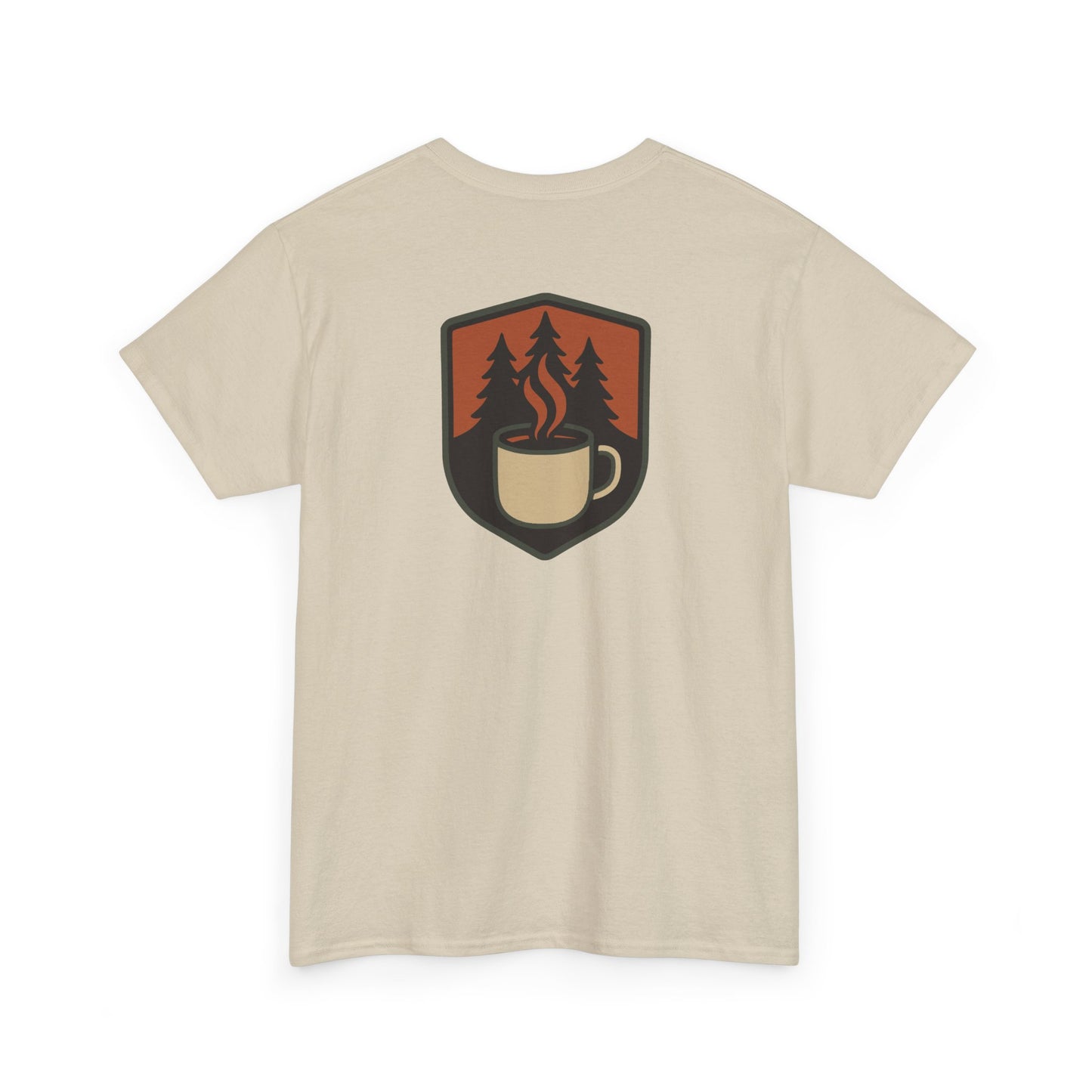 Beige t-shirt with a graphic design on the back featuring a cup and trees.