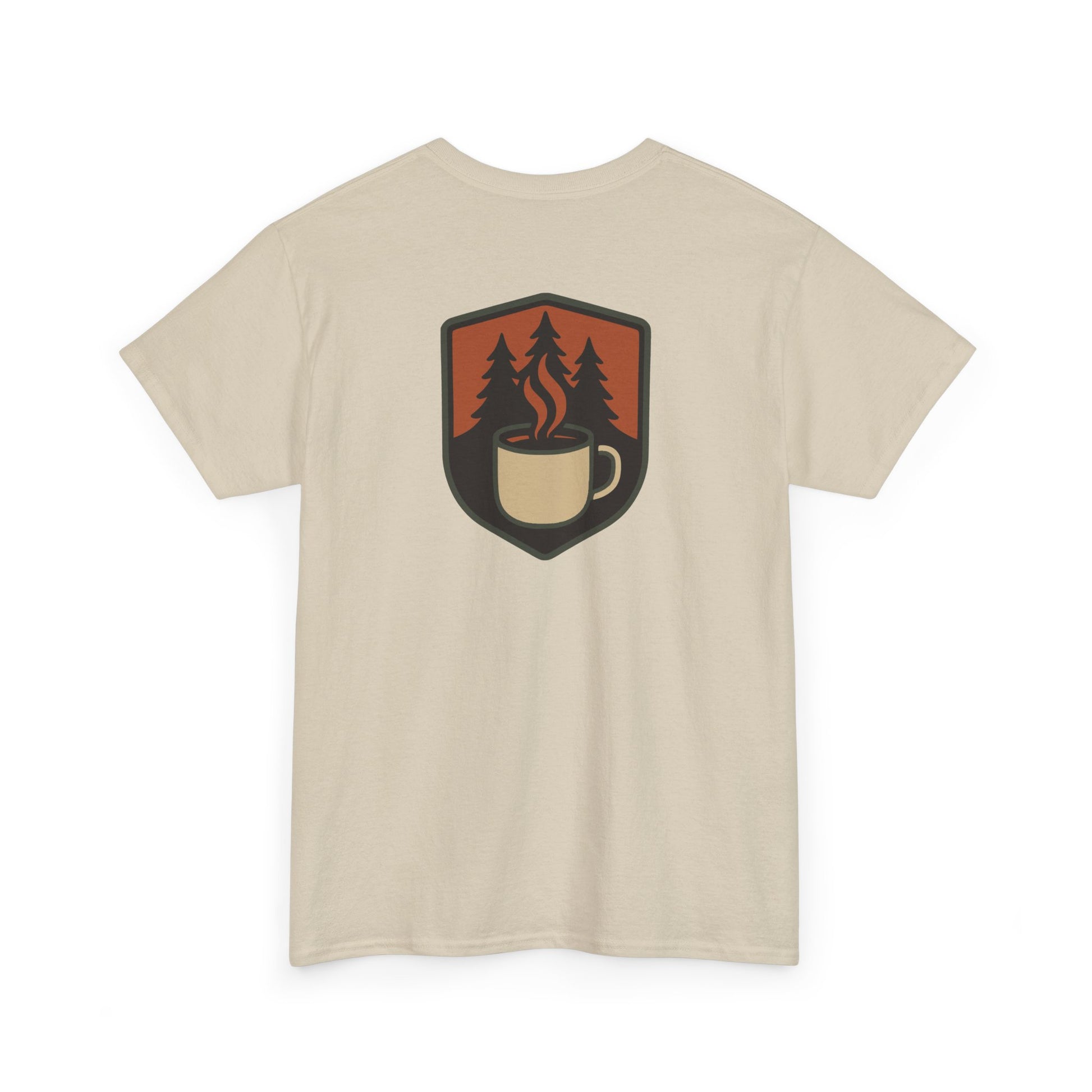 Beige t-shirt with a graphic design on the back featuring a cup and trees.