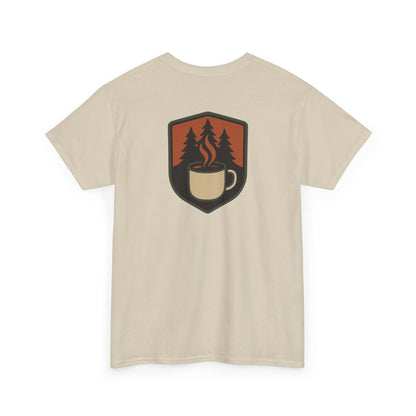 Beige t-shirt with a graphic design on the back featuring a cup and trees.