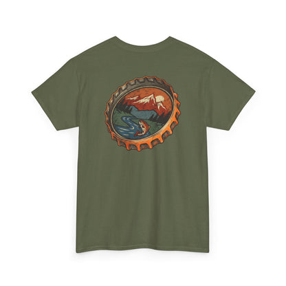 Bottle Cap Fishing Graphic Tee – Vintage Mountain River Outdoor Shirt