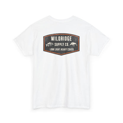 White t-shirt with Wildridge Supply Co. logo on the back against a white background