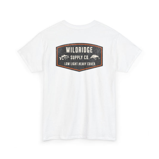 White t-shirt with Wildridge Supply Co. logo on the back against a white background
