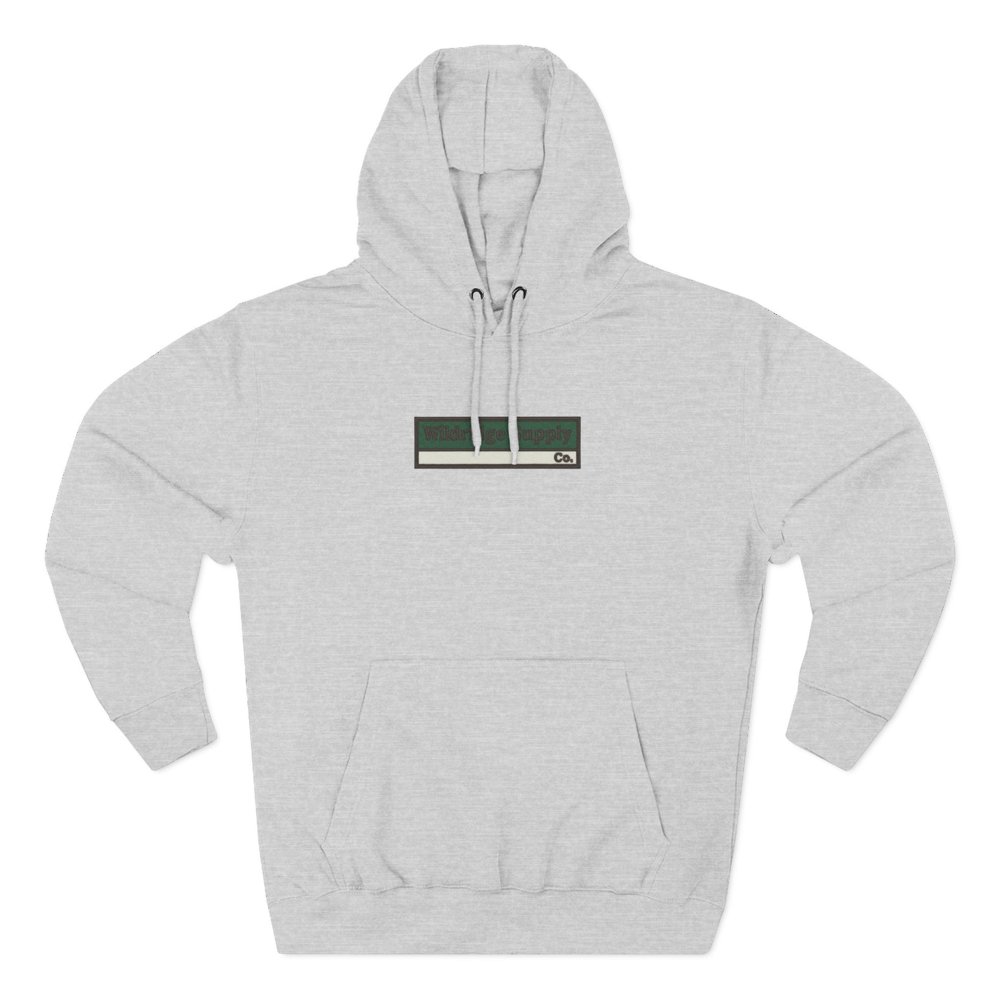 Gray hoodie with a small logo on a white background