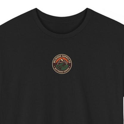 Black t-shirt with a logo on the chest against a white background