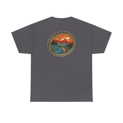 Bottle Cap Fishing Graphic Tee – Vintage Mountain River Outdoor Shirt