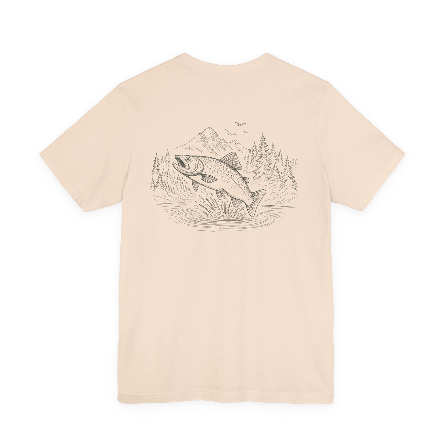 Beige t-shirt with a graphic of a fish and nature scene on the back, on a white background.