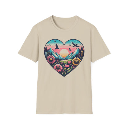 Mountain Sunrise Heart Nature Tee – Outdoors & Adventure Shirt