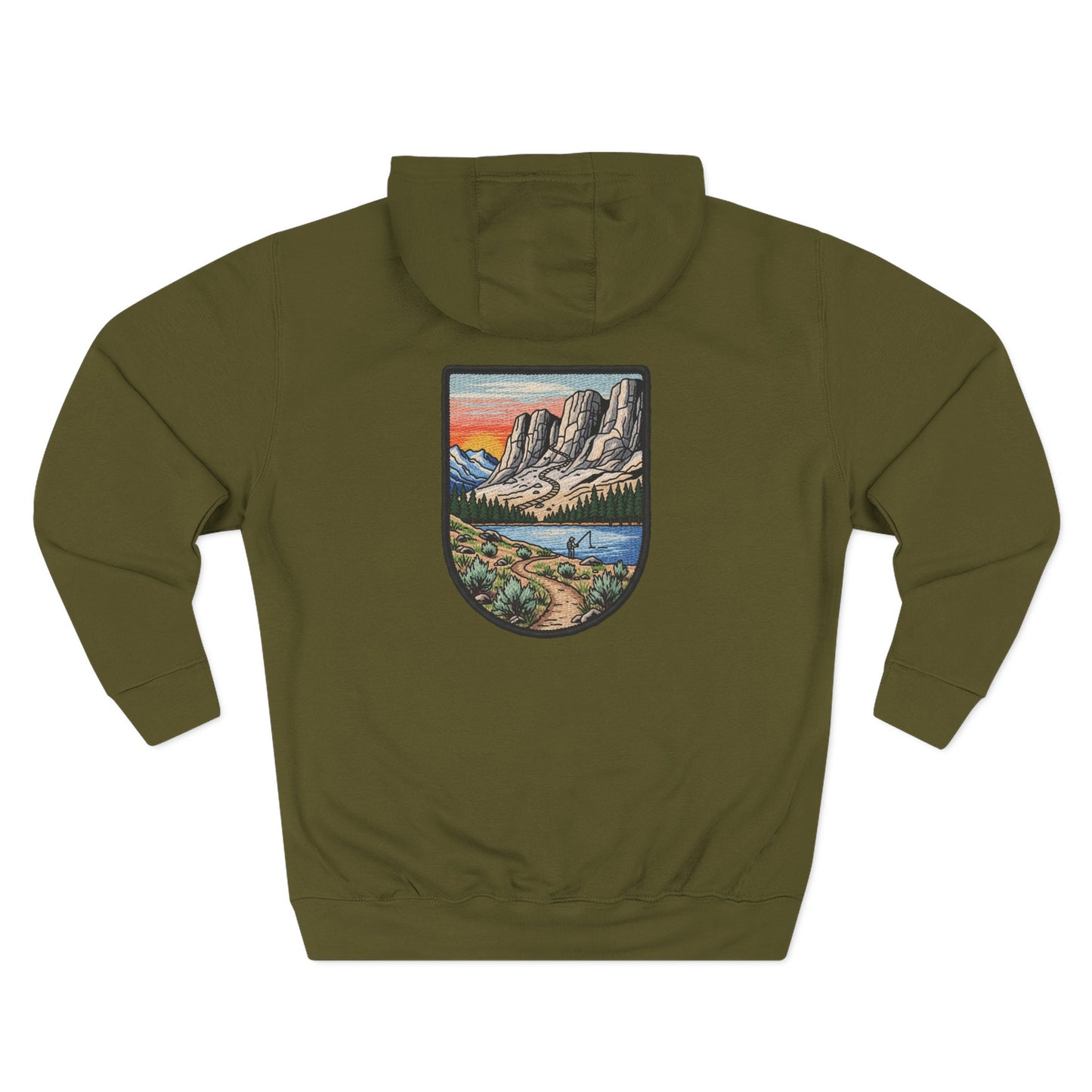 Green hoodie with a mountain landscape patch on the back against a white background
