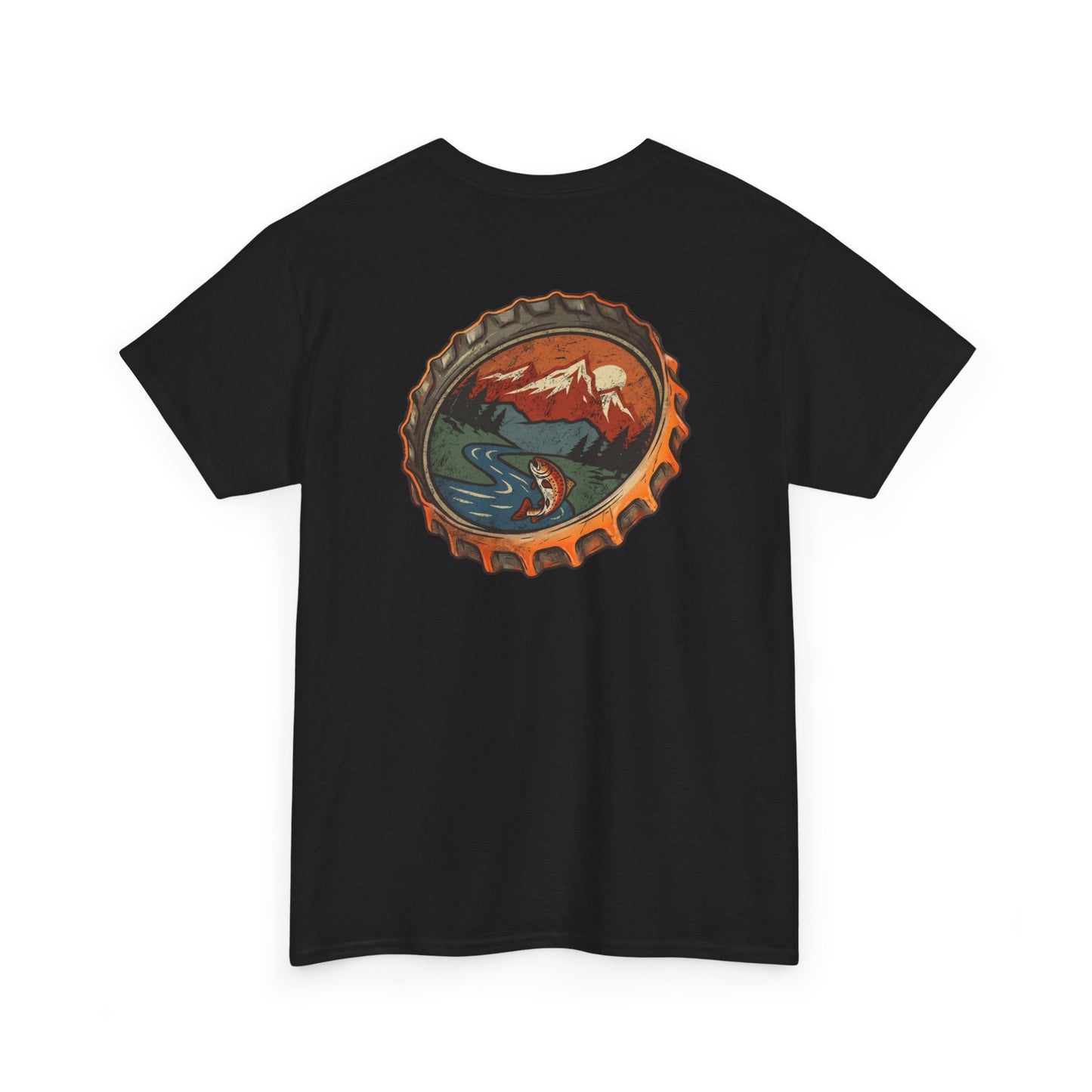 Bottle Cap Fishing Graphic Tee – Vintage Mountain River Outdoor Shirt