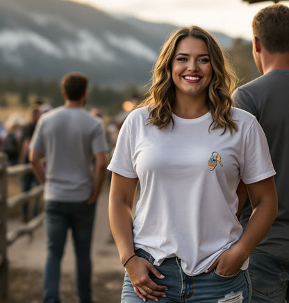 Woman wearing Wildridge Supply Co. Mountain Motel Key T-Shirt with motel key front graphic