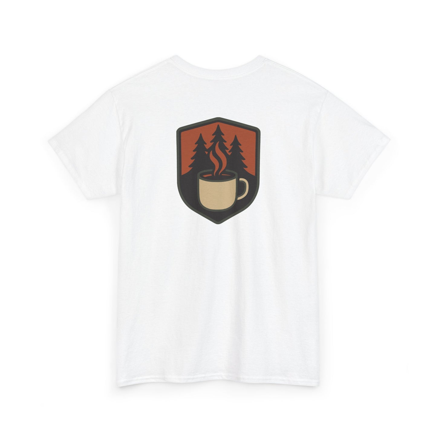 White t-shirt with a graphic of a coffee cup and trees on a white background