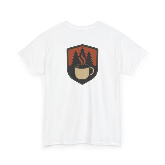 White t-shirt with a graphic of a coffee cup and trees on a white background